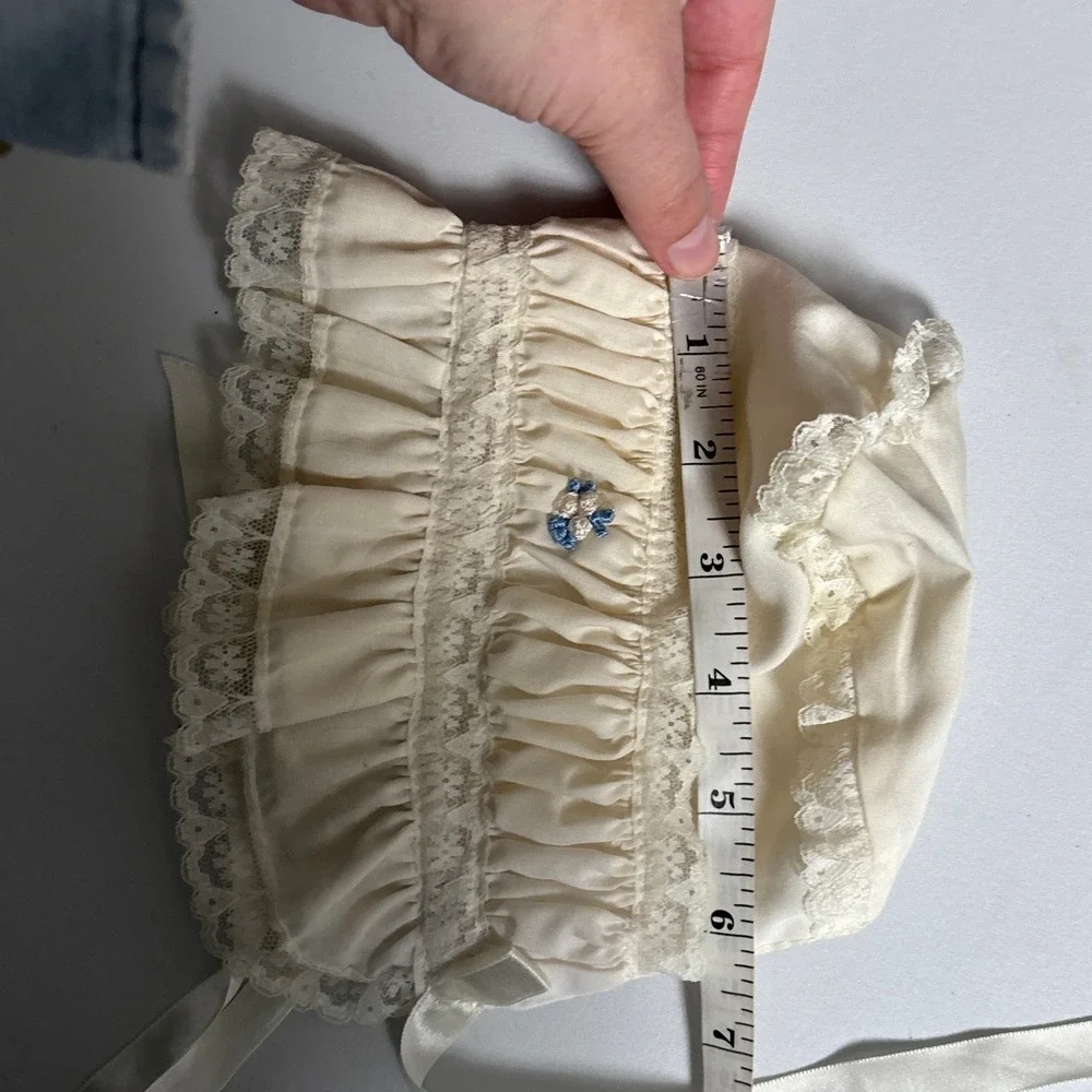 Vintage Baby Bonnet Cream Lace Ruffle Floral Embroidery Ribbon Heart Christening